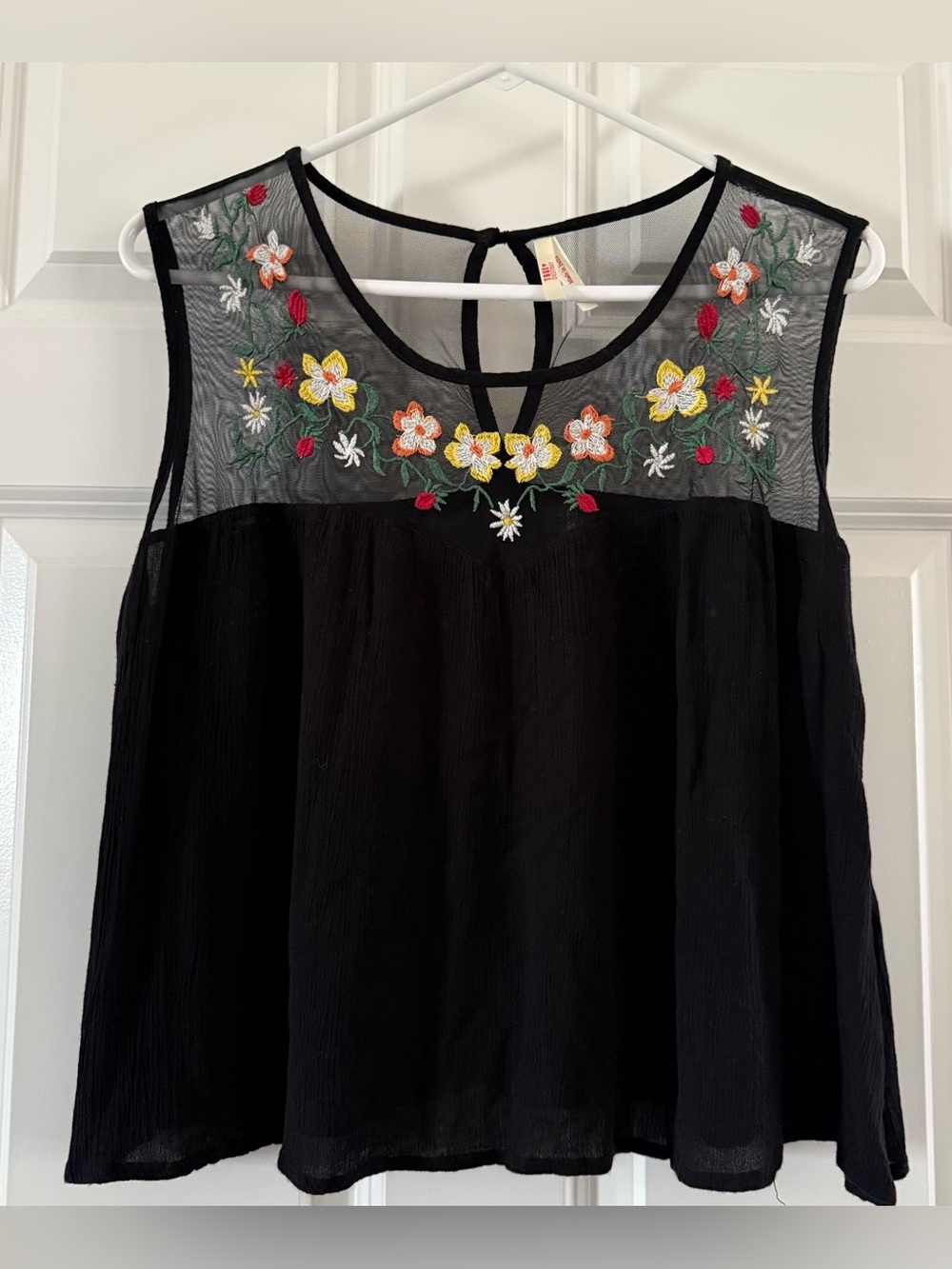 True Destiny Black Sleeveless Mesh Yoke Top with Multicolor Floral Embroidery